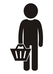 Person with shopping cart, black silhouette, vector icon	