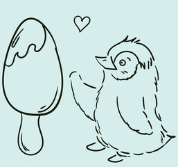 
black and white illustration. vector isolated image. Cute little penguin and ice cream. heart over your head. Suitable for postcards, books, sites.