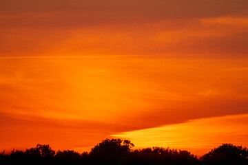 Bright orange sky at sunset in early summer