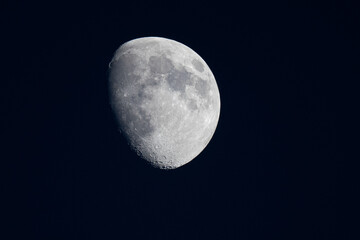 Waxing moon in the evening sky with craters clearly visible