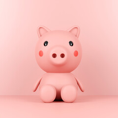 Cute pig cartoon character on a pink background, 3d rendering