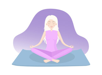 Fototapeta na wymiar Young slim blond girl meditates alone sitting on a yoga mat in Lotus position isolated editable illustration