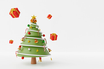 Decorative christmas tree with presents on a white background with copy space, 3d rendering