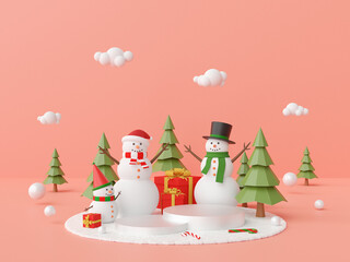 Christmas scene podium with snowman and Christmas tree on a pink background, 3d rendering