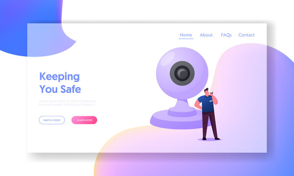 Protection Property, Monitoring and Security Landing Page Template. Tiny Male Character with Walkie Talkie Stand at Huge Video Camera. Guard Man Use Surveillance System. Cartoon Vector Illustration