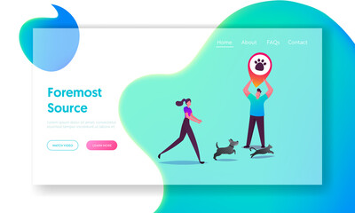 GPS Tracking for Escaped and Lost Pets Landing Page Template. Woman Catch Dog and Cat Running Fast, Male Character Hold Huge Geolocation Pin with Animal Paw Print. Cartoon People Vector Illustration