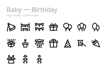 Baby birthday vector icons. Decoration. Gifts.
