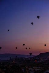 Many hot air balloons fly in sky at dawn