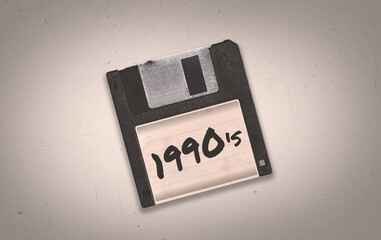 A retro vaporwave 1990's themed old black aged floppy disk illustration background with copy space