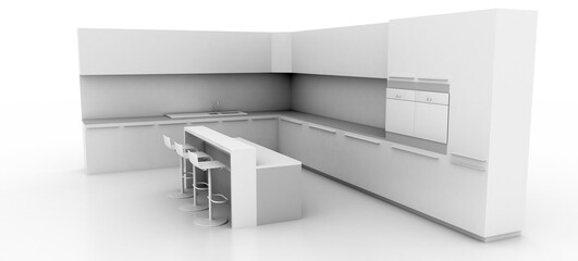 Original 3d rendering of a home kitchen; original 3d model, copy space image