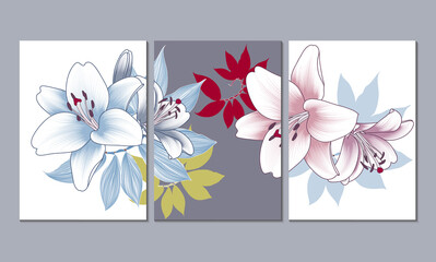 Set of three floral patterns, canvases for the design of the apartment, office, kitchen, bedroom, living room. Home wall decor. Vector floral background with hand-drawn lily flowers.