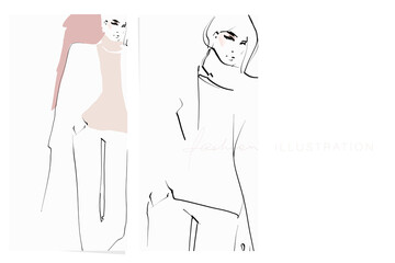 Young stylish woman in coat. Fashion illustration in sketch style. Vector