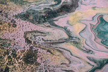 Abstract image of viruses in macro. Artistic concept of coronavirus. Fluid art background with black virus stains. Dirty microbe effect of acrylic paints. Liquid ink texture. Corona virus outbreak.