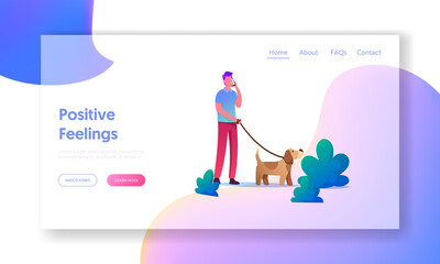 Leisure with Puppy, Communicating with Animal Landing Page Template. Man Walking with Dog Outdoors. Male Character Speaking by Mobile Spend Time with Pet in Park, Relaxing. Cartoon Vector Illustration