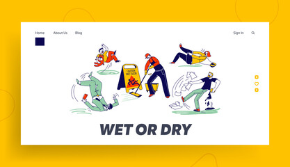 Obraz na płótnie Canvas Wet Floor Caution Landing Page Template. Characters Slipping and Falling around of Janitor Cleaning Floor in Airport, Office or Public Place. People Get Trauma, Injure. Linear Vector Illustration