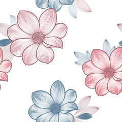 Fototapeta na wymiar Floral seamless pattern with blue dahlia flowers. Vector elements for wallpaper, wall decor, creativity, cards, invitations.