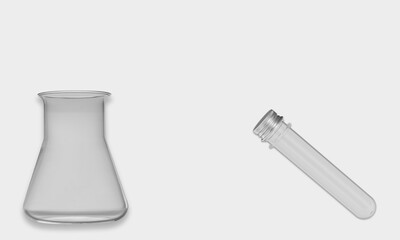 Conical flask and test tube on a white background