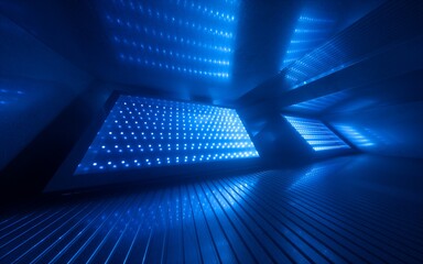 3d render, blue neon abstract background, ultraviolet light, night club empty room interior, tunnel or corridor, glowing panels, fashion podium, performance stage decorations,