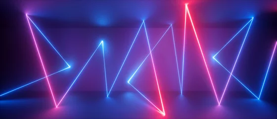Fotobehang 3d abstract neon light background, chaotic trajectory path glowing in ultraviolet spectrum, violet blue red laser rays © wacomka