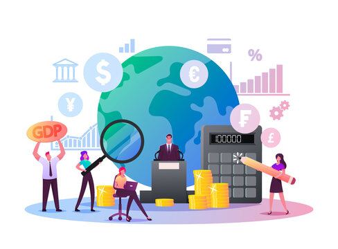 Macroeconomics, Gross Domestic Product. Tiny Characters Finance Gdp Money Budget and Positive Whole Stock Capital Income Rate. Global Money Study and Basic Economy. Cartoon People Vector Illustration