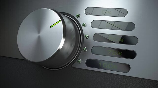 Turning up a level of signal from 0 to maximum 100. Vintage interface panel tuner knob and arrow. 3d animation