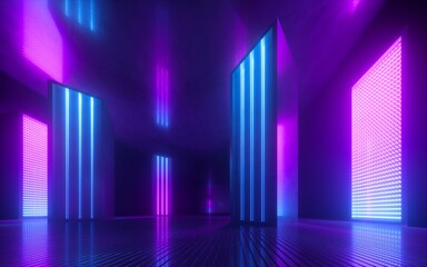 3d render, blue pink violet neon abstract background, ultraviolet light, night club empty room interior, tunnel or corridor, glowing panels, fashion podium, performance stage decorations,