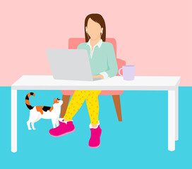 Work from home concept - woman in home office working on laptop looking professional on top and casual pajamas below