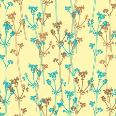 Seamless hand drawn botanical pattern with pale  outline wild feild herbs in mint, beige and light blue color. Banner, wallpaper, cover, textile template, floral summer illustration, natural design.