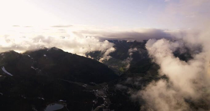 Selva Val Gardena from above, Aerial of Wolkenstein in South Tyrol. Sunset Ethereal view in the Alps