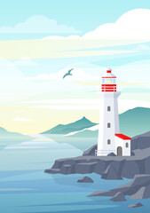 Vector illustration of lighthouse on rock stones island landscape. Blue sea background with mountains, beautiful sky and lighthouse. Navigation Beacon building in ocean.