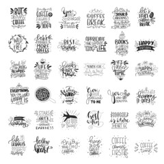 Set of 49 Card Posters Typography designs. Hand drawn lettering phrases. Modern motivating calligraphy decor. Scrapbooking or journaling cards with quotes. Coffee, camping, adventure, love quotes.