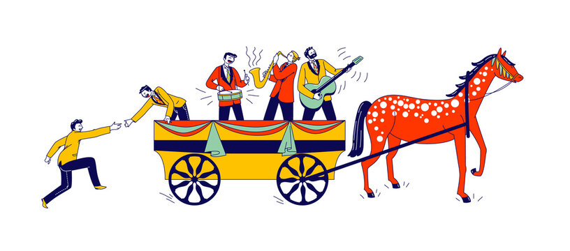 Jump on the Bandwagon Concept, Join Very Popular Activity to Share its Success. Follower Male Character Chasing, Joining, and Jumping into Wagon with Music Band. Linear People Vector Illustration