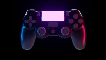 Neon console gamepad on black background. 3d illustration of gaming controller