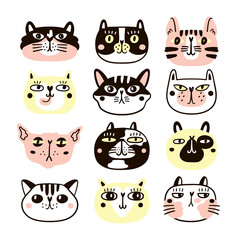 Obraz premium Collection of fun cat faces or heads. Bundle of various cartoon cats muzzles isolated on white background. Hand drawn vector illustration