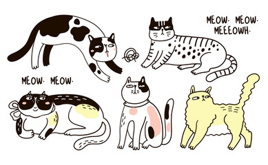 Collection of funny cats. Bundle of various cartoon cats isolated on white background. Hand drawn vector illustration