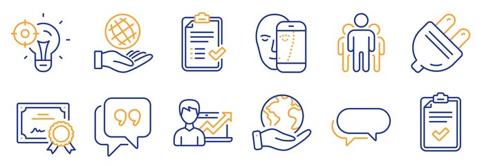 Fototapeta premium Set of Technology icons, such as Face biometrics, Quote bubble. Certificate, save planet. Checklist, Messenger, Safe planet. Group, Seo idea, Electric plug. Vector