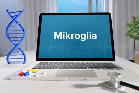 Mikroglia. Laptop mit Begriff/Text auf Monitor. Computer von Arzt im B&uuml;ro. DNA und Stethoskop. Medizin, Gesundheitswesen