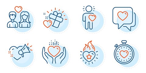 Friend, Love message and Heartbeat timer signs. Hold heart, Couple love and Heart line icons set. Love set. Outline icons set. Ð¡ircle with dashed line. Vector