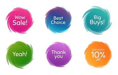 Swirl motion circles. Wow sale, 10% discount and best choice. Thank you phrase. Sale shopping text. Twisting bubbles with phrases. Spiral texting boxes. Big buys slogan. Vector