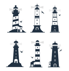 Vector illustration of various lighthouse marine labels and emblems. Lighthouse icon set with  seagulls. Lighthouse and beacon building in sea illustration.