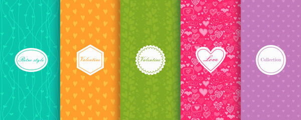 Set of Cute bright seamless patterns with hearts. Vector illustration bright design. Abstract seamless hand drawn patterns on vibrant background. - 355928311