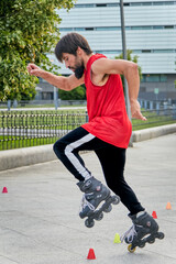 Man with beard skating on inline skates