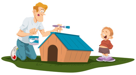 Father and son painting a dog kennel.