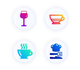 Bordeaux glass, Coffee and Bombon coffee icons simple set. Button with halftone dots. Food sign. Wine glass, Cappuccino, Cafe bombon. Chef hat. Food and drink set. Vector