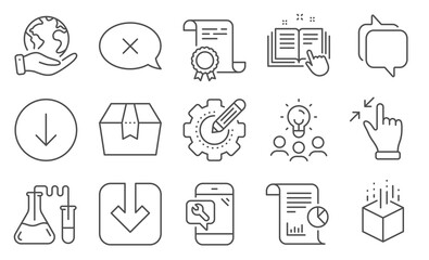 Set of Technology icons, such as Package box, Chemistry lab. Diploma, ideas, save planet. Reject, Technical documentation, Load document. Messenger, Touchscreen gesture, Augmented reality. Vector