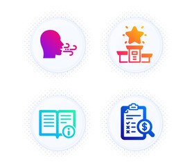 Winner podium, Breathing exercise and Technical info icons simple set. Button with halftone dots. Accounting report sign. First place, Breath, Documentation. Check finance. Education set. Vector