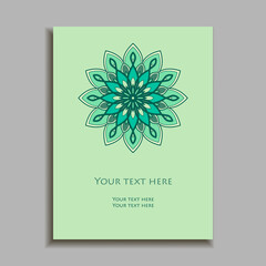 Mint color Invitation Card with  mandala ornament. Card template for Wedding invitation or Birthday greeting card. Vector illustration