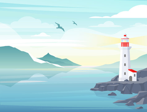 Illustration of blue sea background with lighthouse on rock stones, island landscape. Blue sea background with seagull, mountains, beautiful sky and lighthouse. Navigation Beacon building in ocean