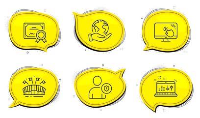 Touch screen sign. Diploma certificate, save planet chat bubbles. Sound check, Sports arena and Security line icons set. Dj controller, Event stadium, Person protection. Web support. Vector