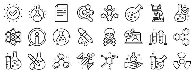Fototapeta na wymiar Chemical formula, Microscope and Medical analysis. Chemistry lab line icons. Laboratory test flask, reaction tube, chemistry lab icons. Microscopic research, toxic radiation. Vector